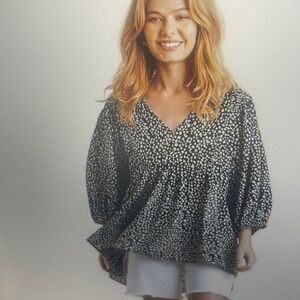 Umgee Black Cheetah Babydoll New Blouse Shirt tunic top black